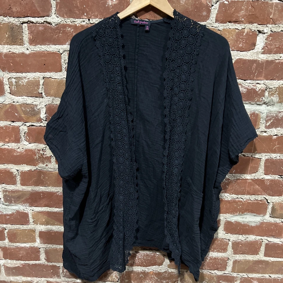 Women's One Size Fresh Produce Black Cardigan Open Front Cotton - Image 1 of 4