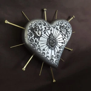 Milagros Heart Nails Sacred Heart Silver Embossed Wood Handmade Mexican Folk Art - Picture 1 of 19