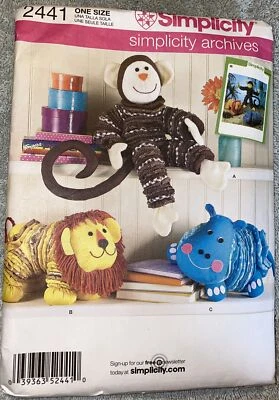 SIMPLICITY 2441 RETRO YO YO TOYS STUFFED MONKEY LION & HIPPO PATTERN- UNCUT  - Image 1 of 4