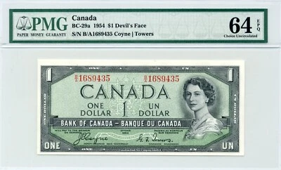 1954 $1 DEVIL'S FACE Bank of Canada, BC-29a - Choice Uncirculated, PMG UNC64 EPQ - Image 1 of 2