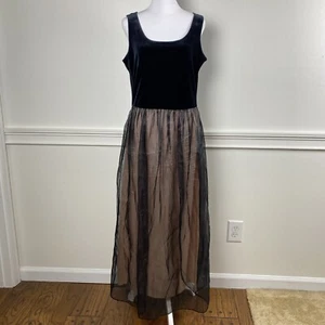 Abito lungo vintage Jessica Howard donna XL nero velluto senza maniche floreale foderato trasparente - Foto 1 di 12