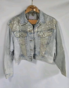Jeans & Pailletten Jacke Dakota blau Vintage Acid Wash 80er Gr. L Hippie Glitzer - Bild 1 von 12