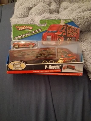Hot Wheels 2009  V-RROOM! Transport Truck plus Hot Wheel Vehicle Rare New Red - Image 1 of 4