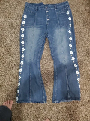 Винтажные джинсы из денима в стиле 70-х 80-х на пуговицах с цветочным рисунком 38/29 3XL - Изображение 1 из 4