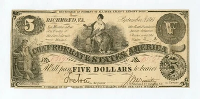 1861 T-36 $5 The Confederate States of America Note - CIVIL WAR Era - Image 1 of 2