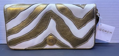 NUEVA Cartera Coach Para Mujer Bronce Metálico y Crema Estampado Cebra Cremallera FS474 Foto 1 de 4