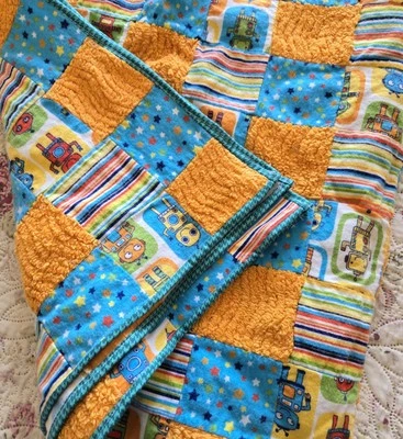 Robots Patch Quilt Blanket Kids Baby Flannel & Chenille Handmade  - Image 1 of 4