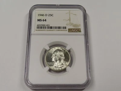 1946 D NGC MS 64 WASHINGTON QUARTER 90 PERCENT SILVER COIN 25 CENT - Image 1 of 4