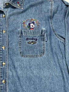 Disney Unlimited Denim Women 18/20 Long Sleeve Shirt Mickey Donald Embroidery - Picture 1 of 11