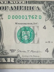 2017 $1 D CLEVELAND BEP D-D BLOCK LOW SERIAL NUMBER 4 ZEROS (D00001762D) - Picture 1 of 5