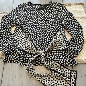 NWT J Crew Black White Pebble Polka Dot Print Tie Front 100% Silk Top Sz 10 - Picture 1 of 13