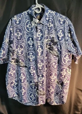 Salty Dog Men's Button Up SS Shirt L Blue Blk White Geo  Aztec Surfer Design - Image 1 of 4