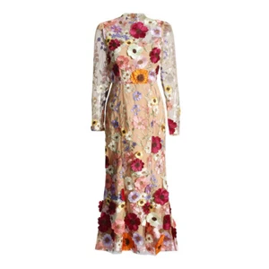 Frühling Damen eleganter 3D Blumen Rock Rundhalsausschnitt Langarm Blumenstickerei Rock - Bild 1 von 13
