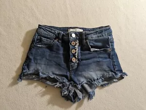 Pantaloncini jeans KanCan denim invecchiati orlo sfilacciato bottoni mosca taglia small - Foto 1 di 9