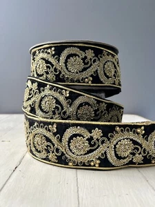 D. Stevens Luxury Ribbon Black Velvet W/ Gold Gems And Sequins 2.5” X 10 Yds - Picture 1 of 4