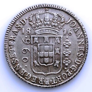 SC-Brasil-Juan VI. 960 Reis 1816. ACUÑADA SOBRE 8 REALES ESPAÑOL. Plata 26,8 g. - Picture 1 of 2