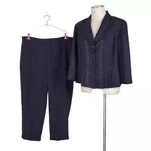 Danny & Nicole Pant Suit Size 16 Black Pleated Embroidered 3/4 Sleeve Jacket - Picture 1 of 16