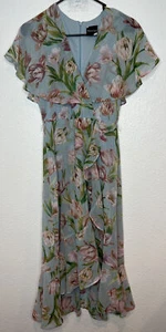 Maison Tara Floral Faux Wrap Chiffon Flowy Sleeve Midi Dress Blue Floral Size 4 - Picture 1 of 10