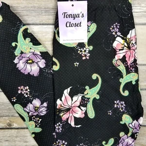 Kids Girls Toddler Leggings Purple Pink Floral Print Black Base Soft S M L - Picture 1 of 3