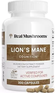Real Mushrooms Lion’s Mane Capsules Organic Lions Mane Mushroom Extract 300 Caps - Picture 1 of 6