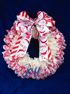 Red and White Poof Deco Mesh Christmas Ribbon Wreath - Picture 1 of 7