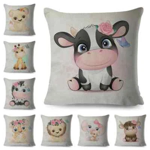 Cute Cartoon Animal Cushion Cover Decor Giraffe Cow Lion Elephant Print Pillow - Picture 1 of 45
