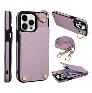 Wallet Case For iPhone 14 Pro Max 6.7 Inch With Crossbody Strap, Purple - Picture 1 of 9