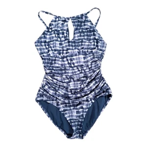 Ellen Tracy One Piece Swimsuit Women's Size 12 Flattering Nautical High Neck - Picture 1 of 9