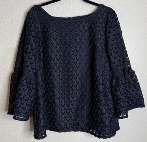 Blusa Top Boho Talbots RSVP Para Mujer XL Pequeña Azul Marino Encaje Ojales Mangas Campana - Imagen 1 de 10