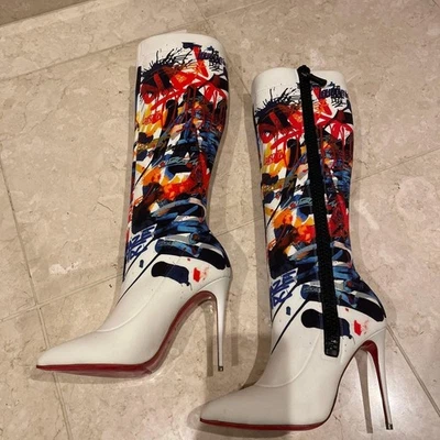 Christian Louboutin Botas Largas Color Blanco Patrón Completo 38 Sin Usar Foto 1 de 4