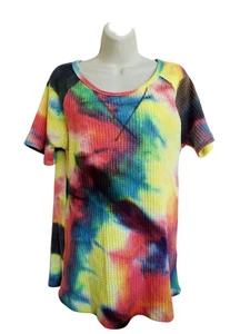 B!B! S neon Multi-Color Tie-Dye Waffle Knit boho hippie rave Short Sleeve Tee - Picture 1 of 4