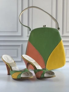 Vintage Johansen Multi-Colored Open Toe Spring-O-Lators And Matching Handbag - Picture 1 of 19