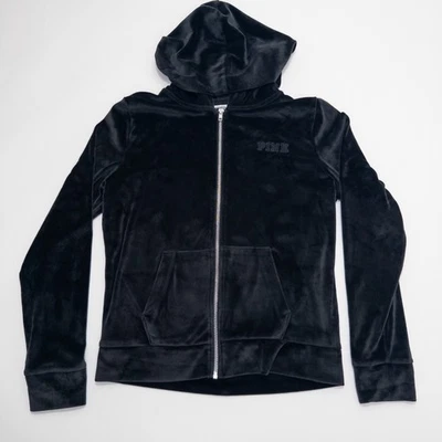 PINK Victoria’s Secret Hoodie Small Black Velour Zip Up Jacket - Image 1 of 4