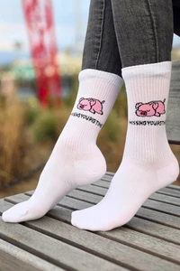 PIG TIME White Cotton Socks Cute Pig Design Funny Novelty Crew Socks Unisex - Picture 1 of 3
