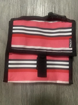 PACK IT Freezable  FOLD & FREEZE  LUNCH BAG  Black Pink White Striped - Image 1 of 4