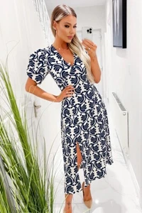 AX Paris Floral Satin Puff Sleeve Split Occasion Midi Dress Stone Blue Size 14 - Picture 1 of 4
