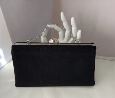 VTG Black Clutch Purse Silver Chain Rhinestone Closure - Image 1 of 4