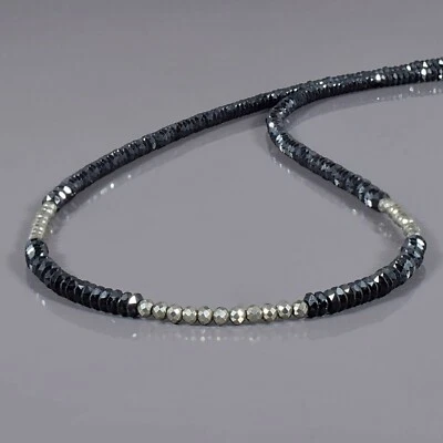 Nera Naturale Spinello & Argento Pirite Perline Catena 18 " Filo Fatto Collana - Immagine 1 di 4