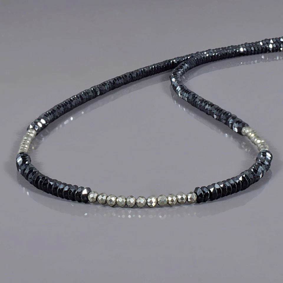 Nera Naturale Spinello & Argento Pirite Perline Catena 18 " Filo Fatto Collana - Immagine 1 di 4