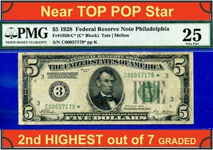 1928 $5 Federal Reserve Note PMG 25 total 7 known Philadelphia star Fr 1950-C* - Picture 1 of 3