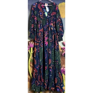 Maxi Vestido Farm Rio Tropical Azul Marino Tapiz Cuentas Espejo XS - Imagen 1 de 17