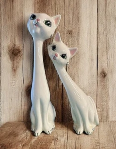 Vintage 60er Jahre Langhals Kätzchen Katze Keramik Figuren ~ 2er Set - Bild 1 von 8