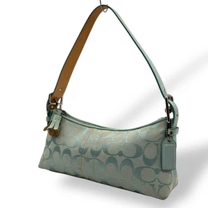 COACH Signature Baguette Hampton Semi Demi Hand Bag Light Blue F/S Used 663 - Picture 1 of 11