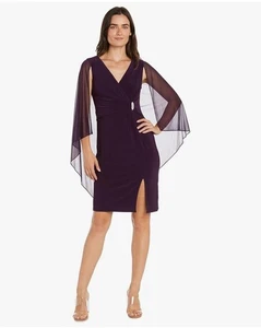 Neu mit Etikett R&M Richards Faux Wickelkleid mit asymmetrischem Chiffon Capelet 16 Pflaume - Bild 1 von 8