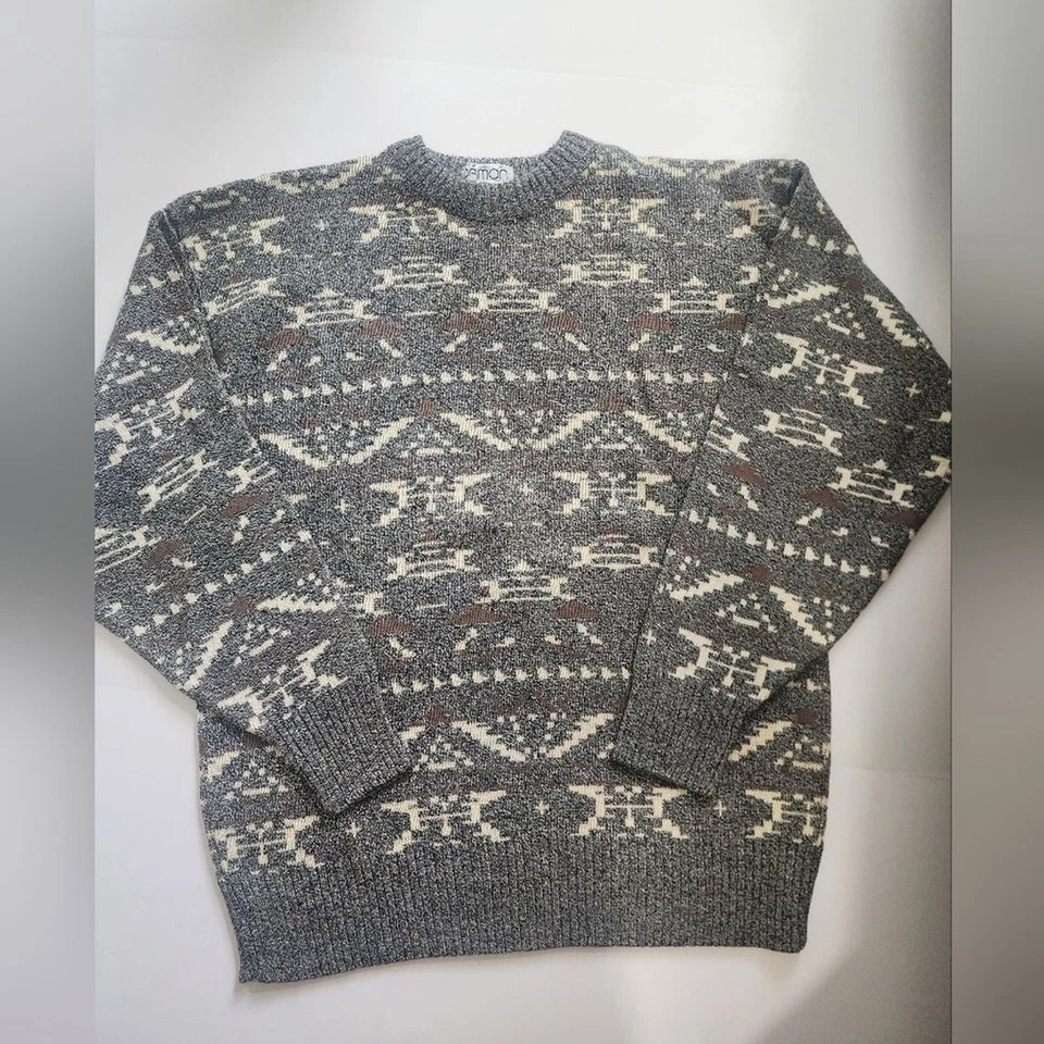 复古 Damon Grandpa 毛衣男式 L 美国制造 100% 棉灰色几何针织 — 第 1/4 张图片