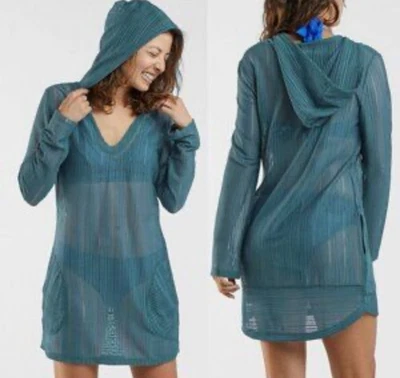 Túnica prAna Two Beach tamanho XS malha aberta gola V com capuz manga longa Deep Aqua - Imagem 1 de 4