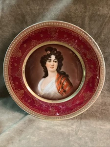Antique porcelain plate brunette woman gold and maroon decoration shield mark - Picture 1 of 8