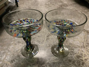 Pair Crate Barrel Handblown Confetti Splatter Margarita Cocktail Glasses Barware - Picture 1 of 8