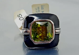 Vintage Lia Sophia Green Crystal Black Enamel Silver tone Ring size 5 - Picture 1 of 5