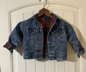 LEVIS BLUE DENIM JACKET RED PLAID Flannel LINED No Size Tag - Picture 1 of 11